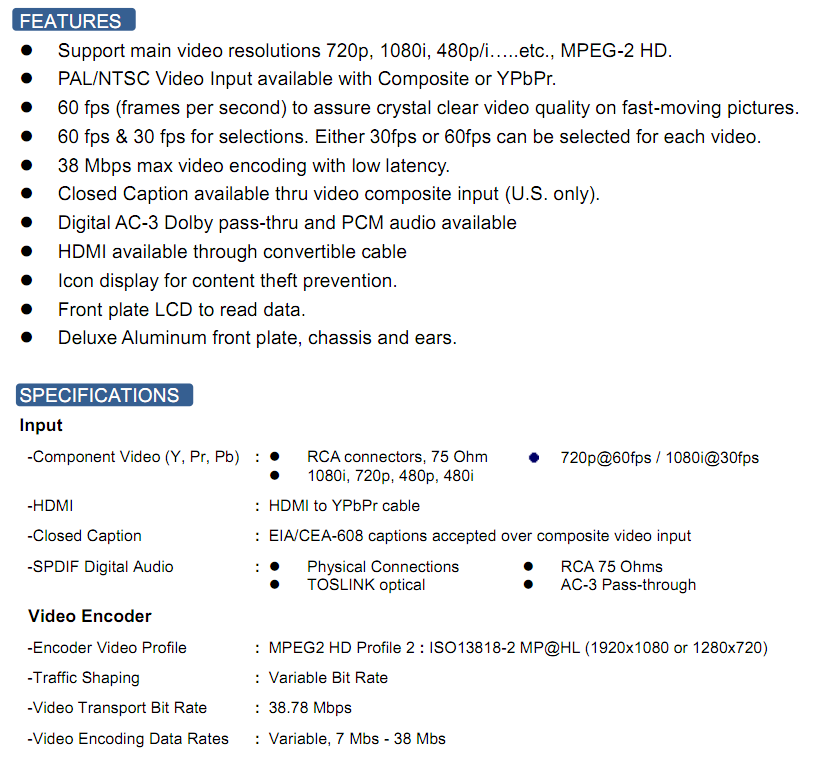 Thông số Encoder HD Winersat WPG-200H