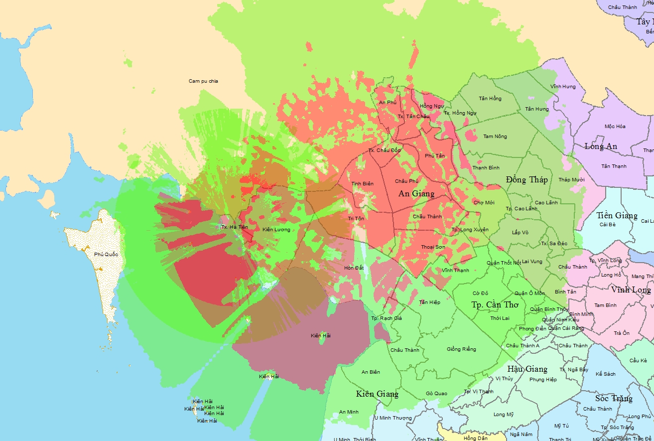 Bản đồ vùng phủ sóng kỹ thuật số DVB - T2 An Giang Kiên Giang