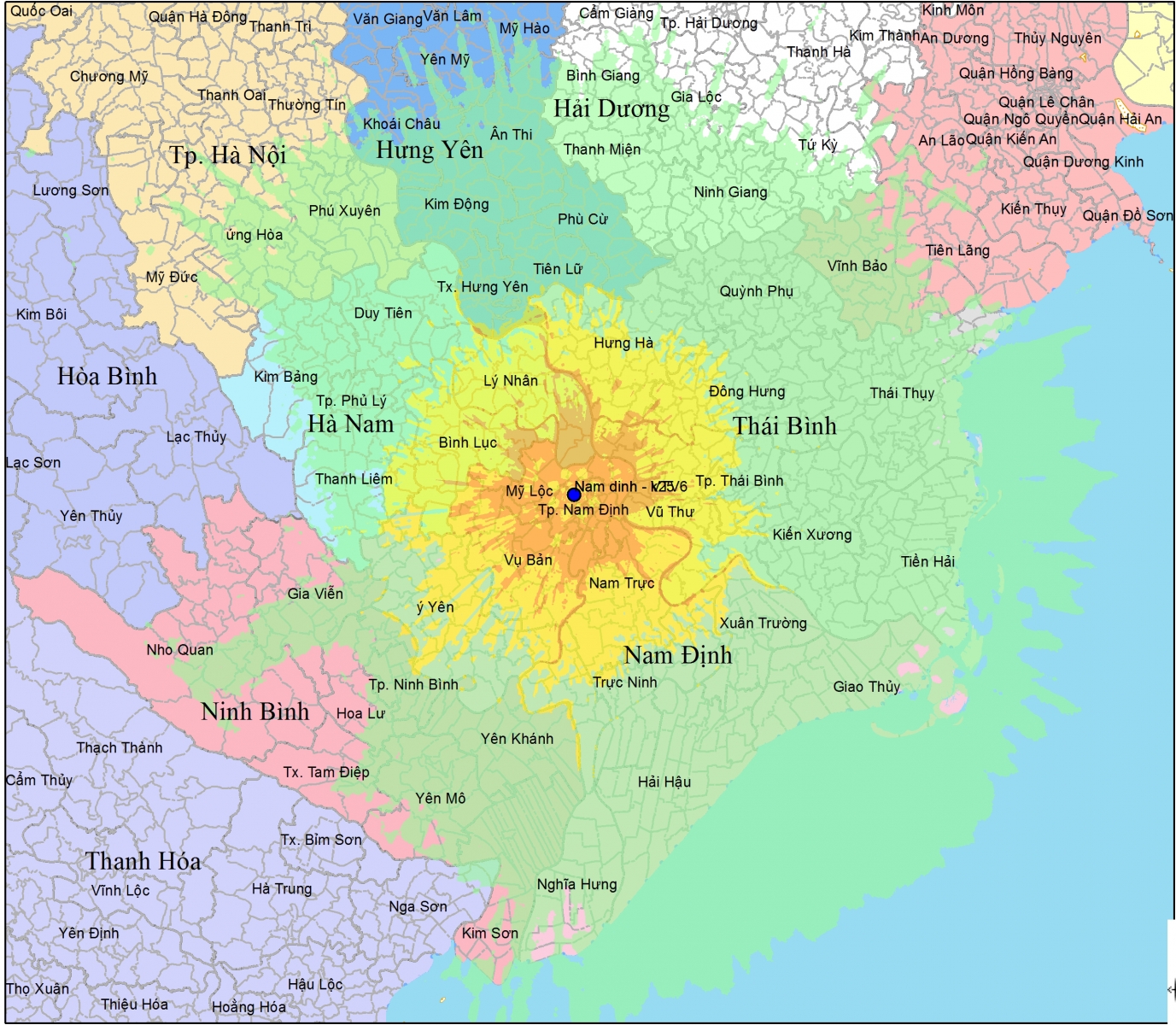 Bản đồ vùng phủ sóng kỹ thuật số DVB - T2 Nam Định